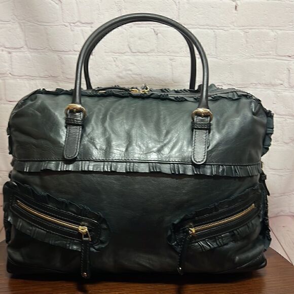 GUCCI SABRINA calfskin Leather ruffle medium sabrina boston tote black EUC - Picture 1 of 16